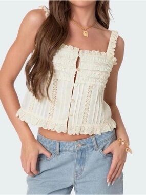 Edikted Cream Lace-Trim Button Front Cami Top